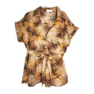 L.I.F.E Love Is For Eternity Women's Yellow Palm Tie Waisted Blouse Sz L